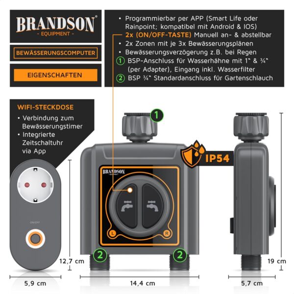 Brandson Bewässerungscomputer 2 Zonen WLAN App-Steuerung Regensperre