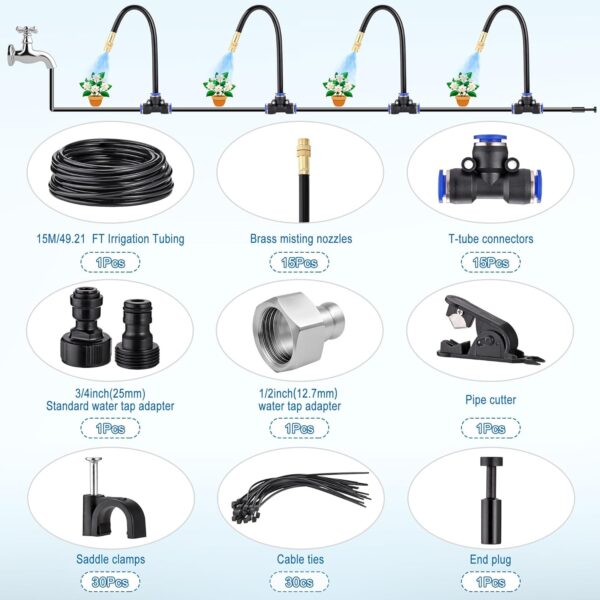Filhome Nebelkühlsystem 15 m mit 15 verstellbaren Düsen für Garten & Patio