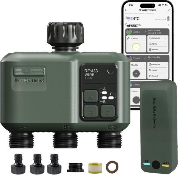 Johgee Bewässerungscomputer WLAN 3 Ausgänge RF 433 500m App Alexa