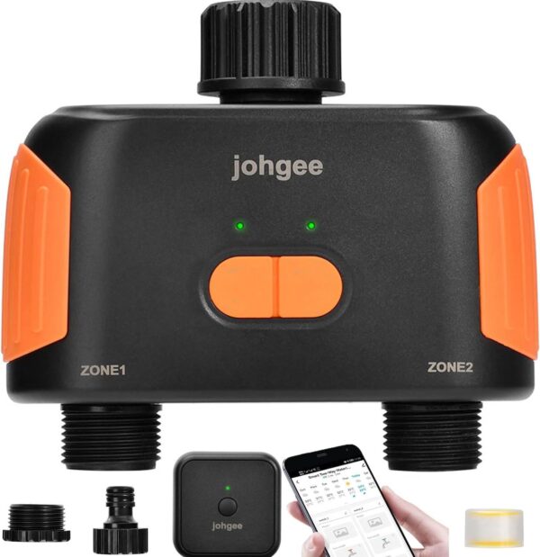 johgee WiFi-Bewässerungs-Timer mit 2 Ausgängen, App-/Sprachsteuerung, IPX5