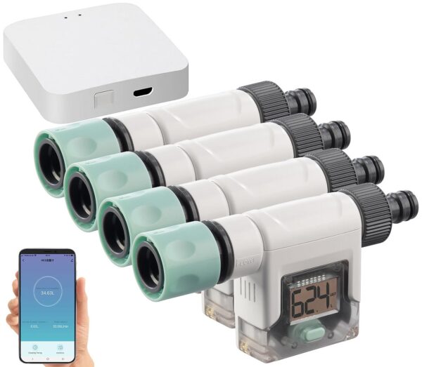 Royal Gardineer 4er-Set Smart Wassermesser Gartenschlauch WiFi App Bluetooth