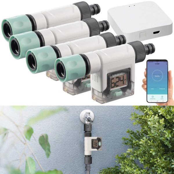 Royal Gardineer 4er-Set Smart Wassermesser Gartenschlauch WiFi App Bluetooth
