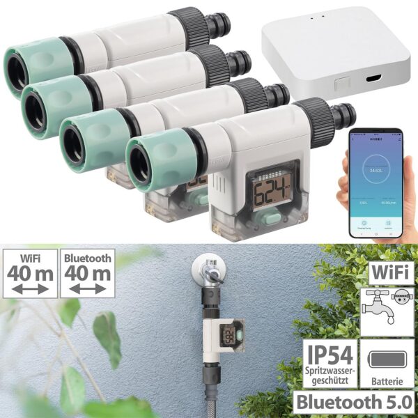 Royal Gardineer 4er-Set Smart Wassermesser Gartenschlauch WiFi App Bluetooth