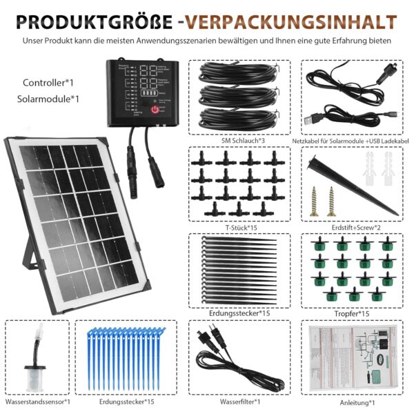 Solar Tropfbewässerung mit 12 Timern, Sensor & 15m Schlauch