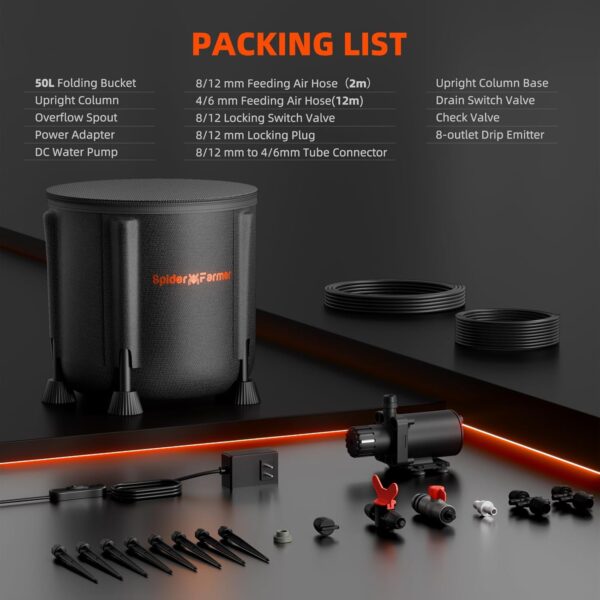 Spider Farmer Automatisches Bewässerungssystem mit 50L Eimer, 25W Pumpe & Sensor für Grow-Zelt