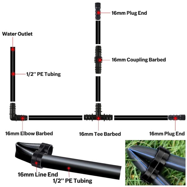 UFLF Bewässerungsverbinder-Set 16 mm: T-Stücke, Winkel, Stopfen - 75 Stk